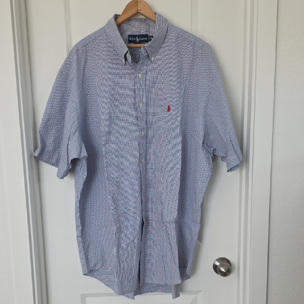 Polo by Ralph Lauren Men's Blue and White Patterned Shirt